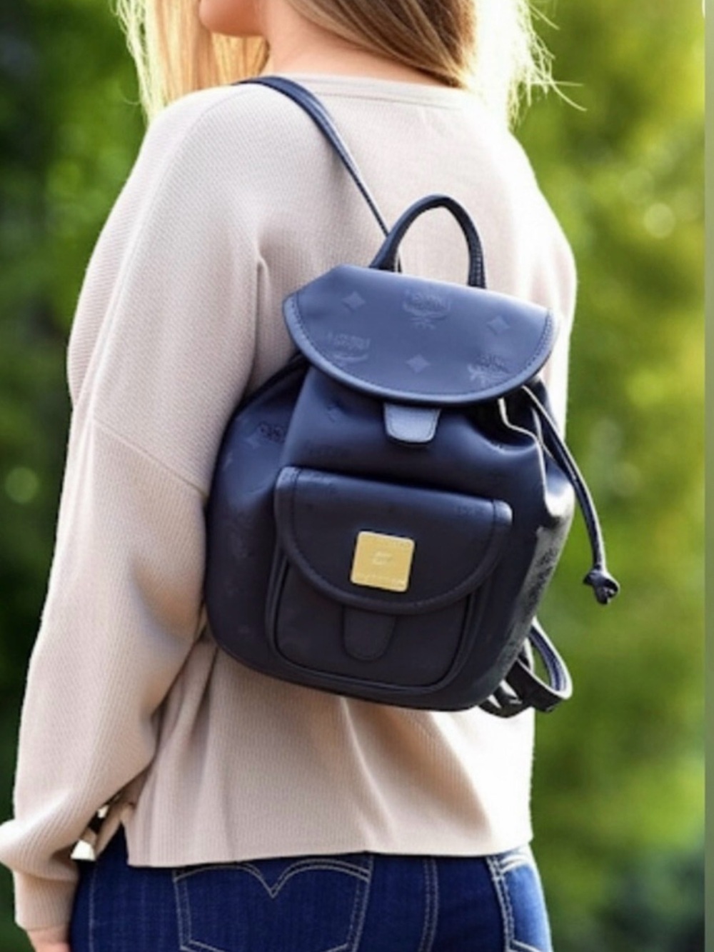 MCM Black Leather Logo Drawstring Backpack - Picture 3 of 5